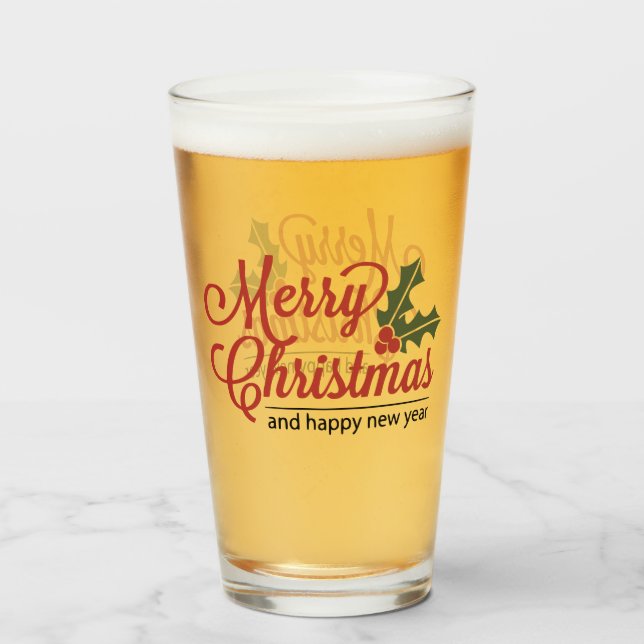 Vidrio de cerveza del acebo de las Felices Navidad (Anverso (lleno))