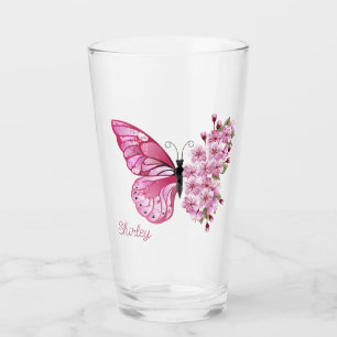 Vidrio de flor de mariposa con nombre personalizad