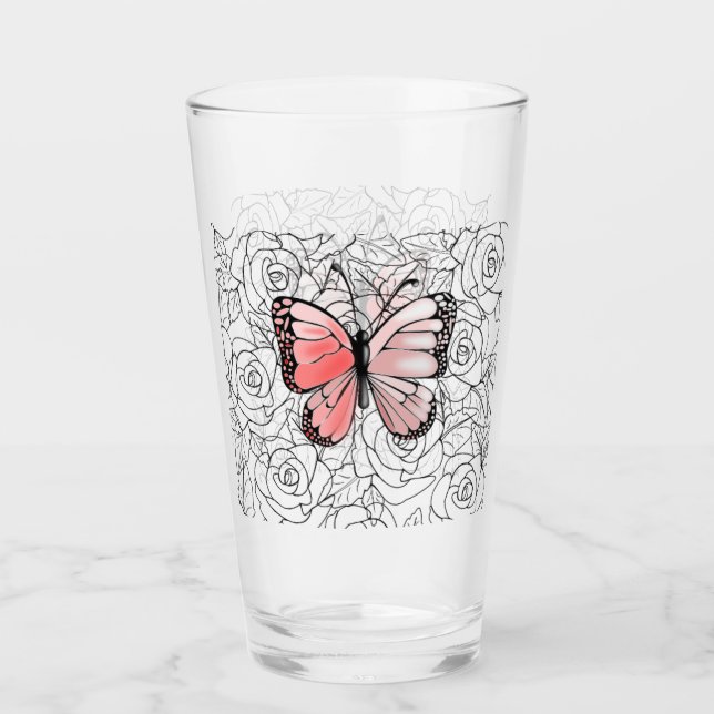 Vidrio de mariposa rosa con Rosas (Anverso)