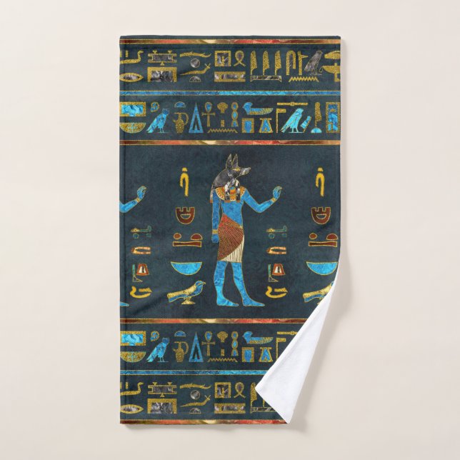 Vidrio egipcio del oro de Anubis, azul y rojo (Toalla de mano)