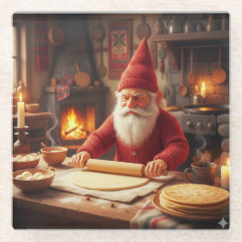 Vidrio Nisse noruego de Navidad haciendo Lefse, posavasos