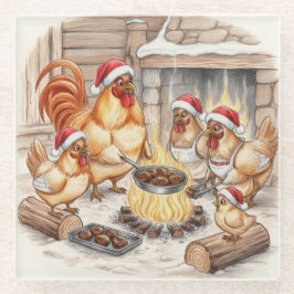 Vidrio Pollos de Navidad Asando Castañas, Posavasos
