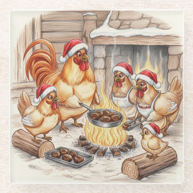 Vidrio Pollos de Navidad Asando Castañas, Posavasos (Anverso)