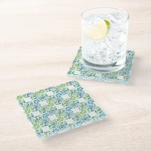 Vidrio Posavasos con patrón de floración verde teal