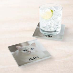 Vidrio Posavasos de foto personalizado con gato blanco ni