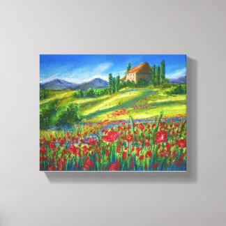 Vieja casa cerca del campo de amapola. lienzo