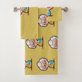 Vieja dama con toallas de baño de pollo