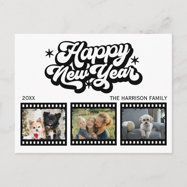 Vieja película Grunge Tres fotos postal de Año Nue (Anverso)