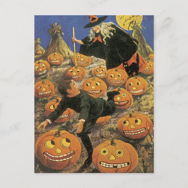 Vieja postal de Halloween, brujería retro (Anverso)