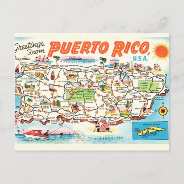 Vieja postal ilustrada de mapa de Puerto Rico (Anverso)