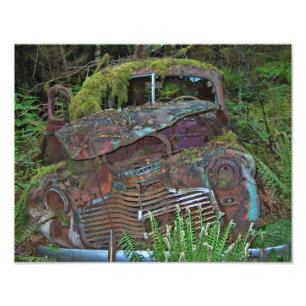 Vieja ruina del coche en la foto del bosque