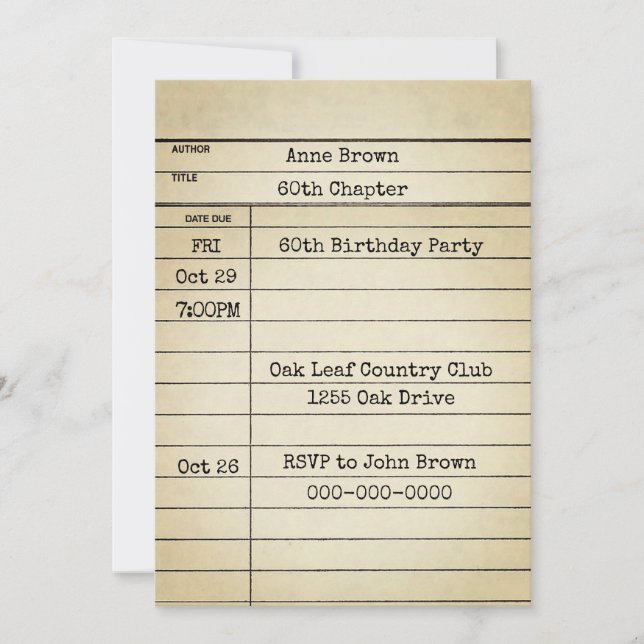 Vieja tarjeta de biblioteca 60 cumpleaños (Anverso)