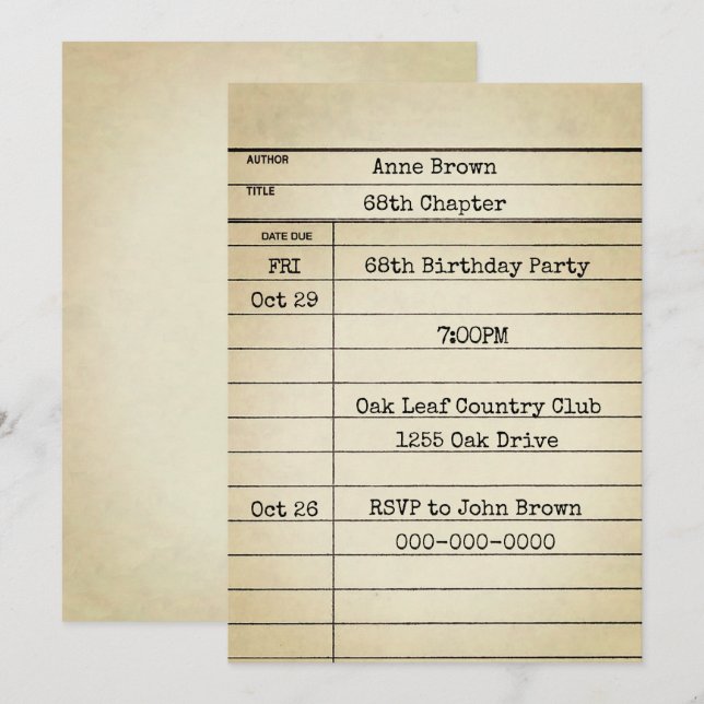 Vieja tarjeta de biblioteca 68ª fiesta de cumpleañ (Anverso / Reverso)