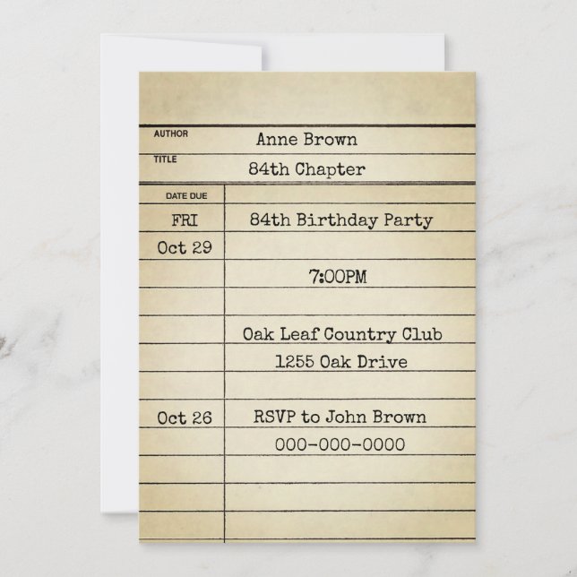 Vieja tarjeta de biblioteca 84ª fiesta de cumpleañ (Anverso)