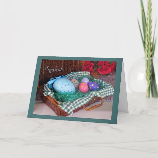 Vieja tarjeta de cesta de moda de Pascua con huevo (Anverso)