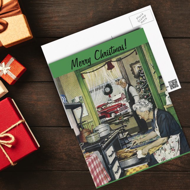 Vieja tarjeta postal de Navidades del hogar de mod (Vintage Sale Ad from 1940's Grandma Cooking Christmas Turkey in old Time kitchen on postacard.)