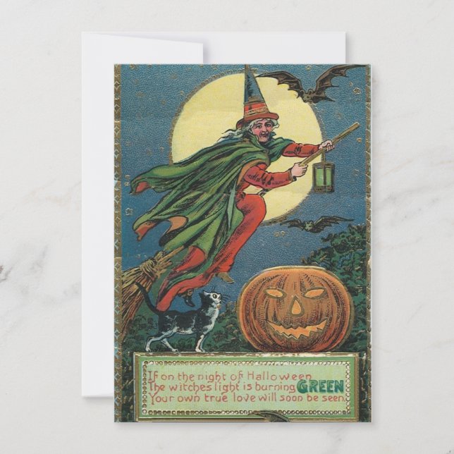 Viejas invitaciones de Halloween de una bruja vola (Anverso)