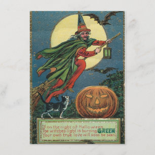 Viejas invitaciones de Halloween de una bruja vola