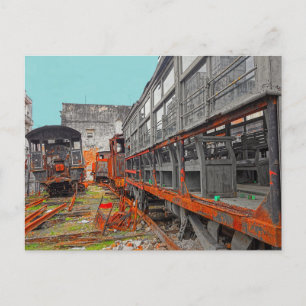 Viejas locomotoras rustas y postal de vagones de t