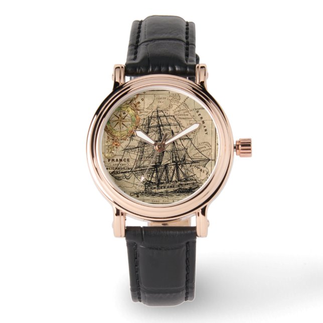 Viejo barco de vela y reloj de pulsera de mapas (Anverso)