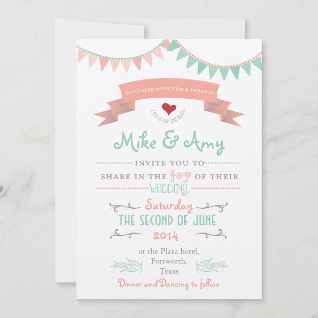 Viejo Bunting Whimsical Wedding Invitación (Anverso)