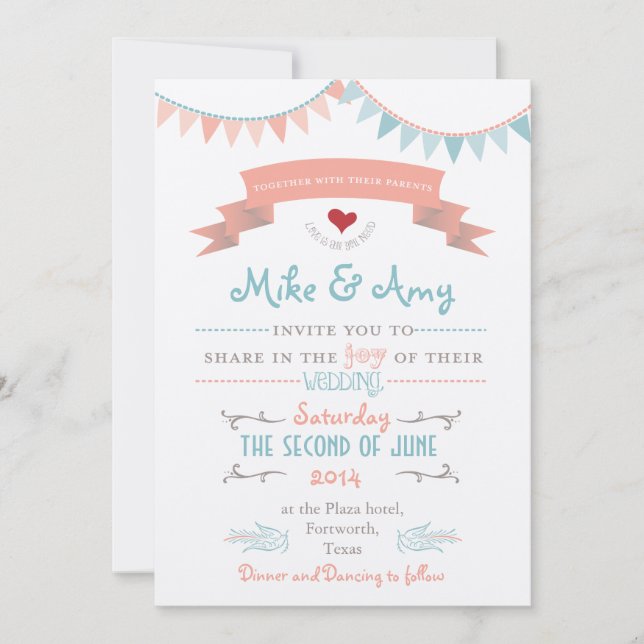 Viejo Bunting Whimsical Wedding Invitación (Anverso)