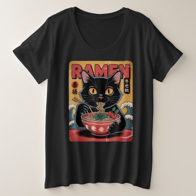 Viejo gato negro japonés Ramen camiseta (Anverso del diseño)