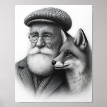 Viejo hombre con arte de lápiz blanco y negro Fox