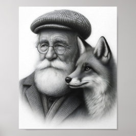 Viejo hombre con arte de lápiz blanco y negro Fox 