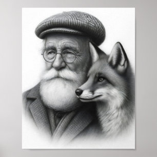 Viejo hombre con arte de lápiz blanco y negro Fox 