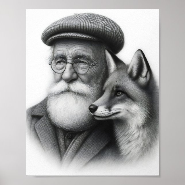 Viejo hombre con arte de lápiz blanco y negro Fox  (Frente)