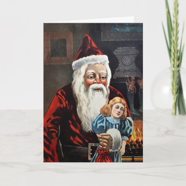 Viejo Santa con tarjeta de vacaciones de muñecas (Anverso)