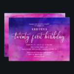 Vigésimo primer cumpleaños - Invitación a la fiest<br><div class="desc">Hermosa invitación para fiestas de 21 años con una fuente de guion de moda en un fondo de color morado y rosa.  Invierta nuestra invitación para ver la parte posterior de la misma para un toque especial.  Disponible en nuestra tienda en otras combinaciones de colores.</div>