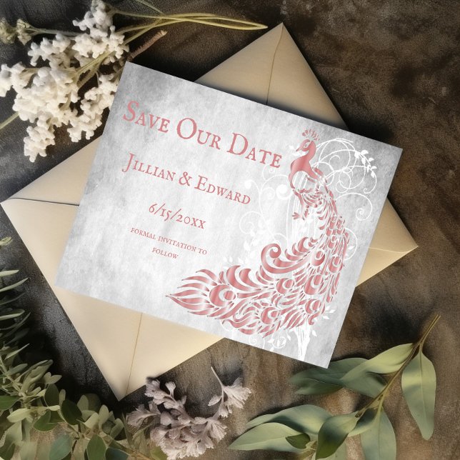 Vine De Hoja De Peacock Rosa Guarda El Anuncio De  (Pink Peacock Leaf Vine Save the Date)