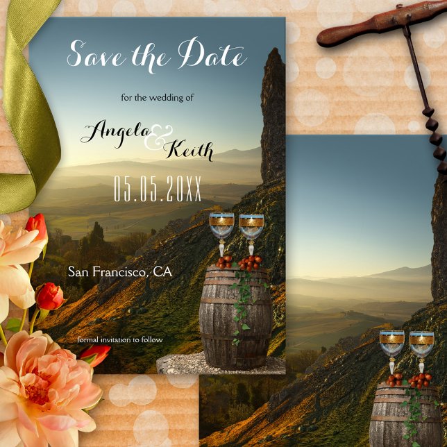 Viñedo moderno o tema del vino Guardar la tarjeta  (Save the Date card featuring two wine glasses with grapes on a barrel with a stunning landscape view)