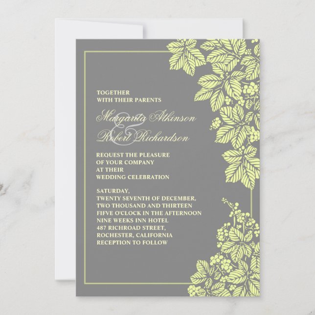 viñedos o jardín invitaciones de boda grises y ama (Anverso)