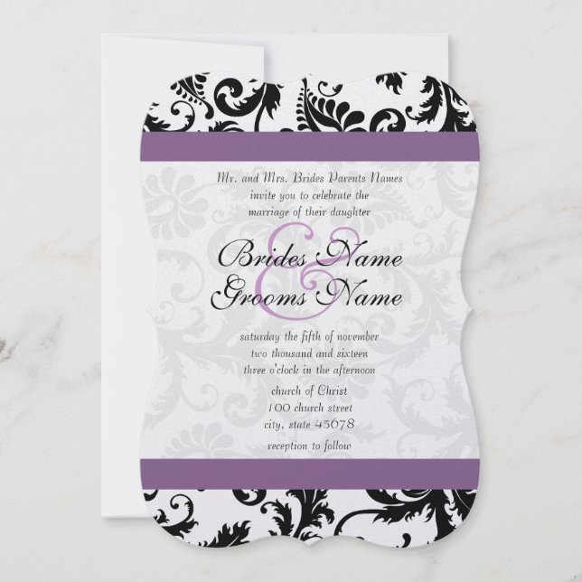 Viñeta de uva Damask negro Swirls Invitación a la  (Anverso)