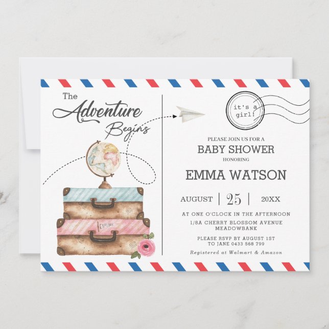 Viñeta maleta Baby Shower Chica Adventure Postal (Anverso)