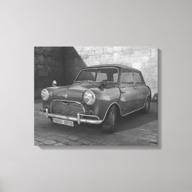 Viñeta Mini Cooper con lienzo retro en blanco y ne (Anverso)