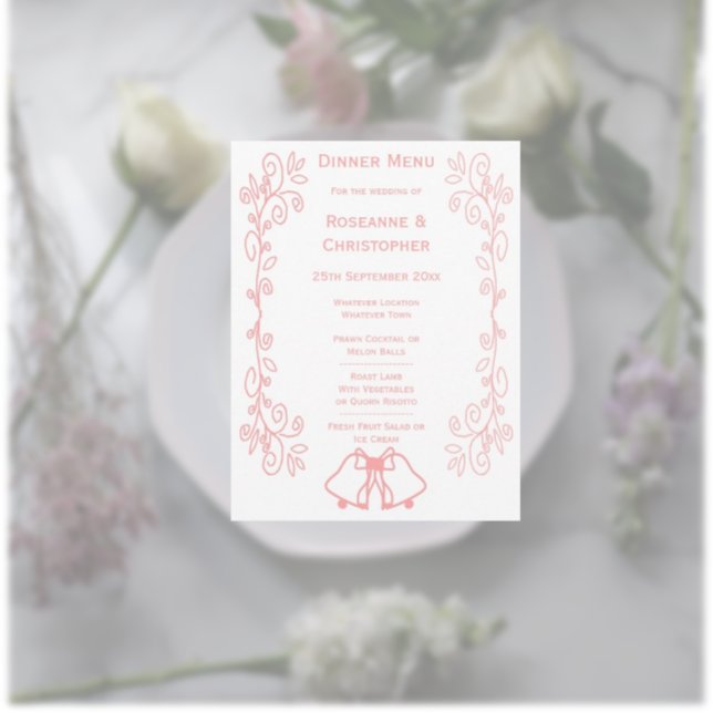 Viñetas de la tarjeta de menú Boda rosa (Pink wedding menu card bells and scrollwork design)