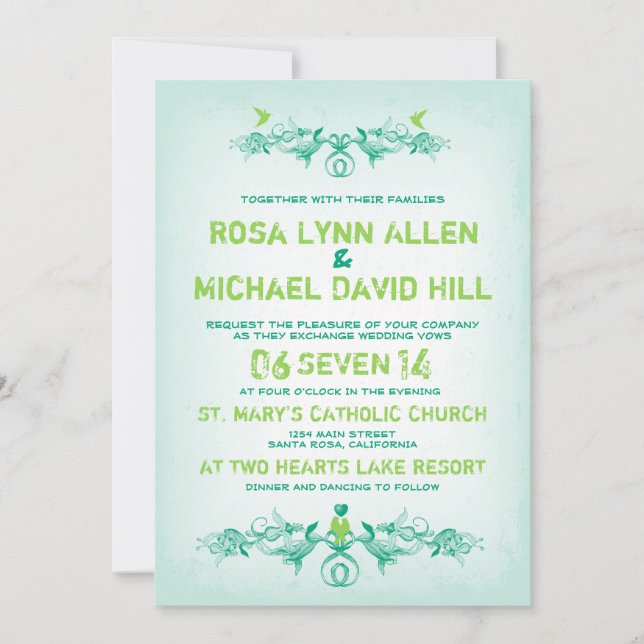 Viñetas y pájaros - invitación de boda esmeralda (Anverso)