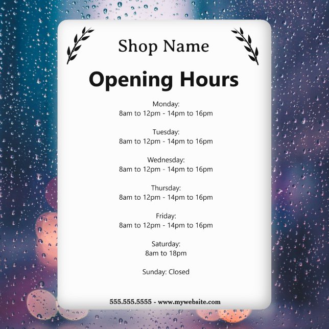 Vinilo de horario de apertura de negocio blanco (White Business Opening Hours Window Cling)