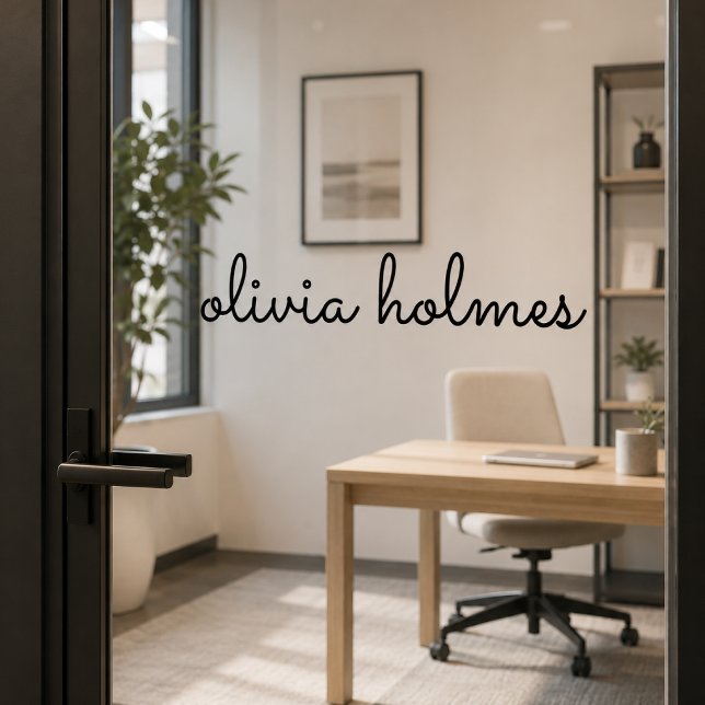 Vinilo de ventana con placa de nombre | Nombre de  (Custom script nameplate window cling for glass office doors, studios, and reception rooms.)