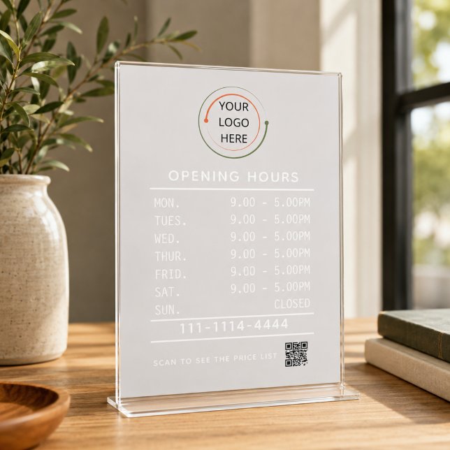 Vinilo de ventana de horario comercial personaliza (Custom Business Hours Window Cling with Logo & QR)