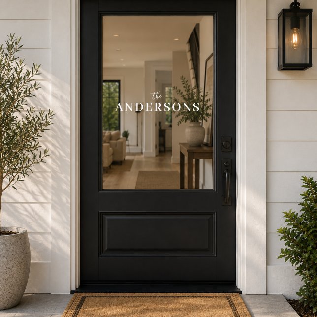 Vinilo para ventana | Calcomanía de vidrio para pu (Custom family name window cling for front doors, transom glass, and elegant entryways.)