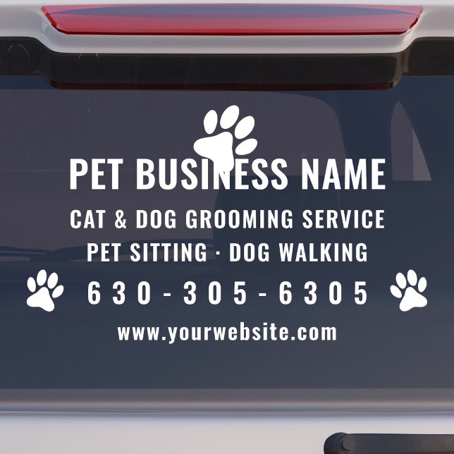 Vinilo para ventana de cuidado de mascotas moderno (Modern pet grooming car window decal with pet paw logo, services offered and phone number in white.)