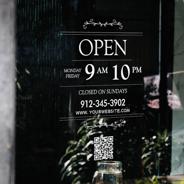 Vinilos Para Cristales Abriendo horas Código Qr transparente moderno (Opening Hours Transparent Qr Code Modern Window Cling)