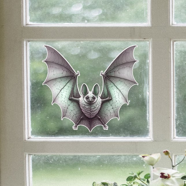Vinilos Para Cristales Alas de propagación de la bisagra verde de grises (Halloween grey green furry bat  with wings spread in flight on window cling decoration.)