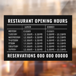 Vinilos Para Cristales Apertura del restaurante Lunes y Horas de Cena