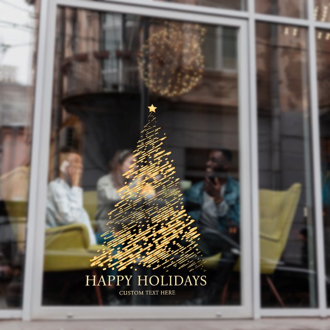 Vinilos Para Cristales Árbol de Navidad de oro de vacaciones modernas (Modern Holiday Gold Christmas Tree Retail Shop Storefront Window Cling)
